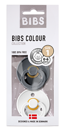 BIBS Pacifier Original COLOUR Latex 2 Pack Size 1 (0-6m) - Iron & White