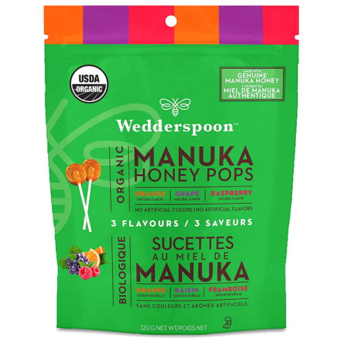Wedderspoon Organic Manuka Honey Pops Variety Pack - Grape, Raspberry & Orange 120g