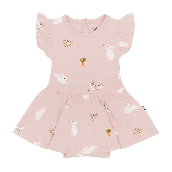 Kyte Baby Twirl Bodysuit Dress in Blush Rabbit 6-12 Months