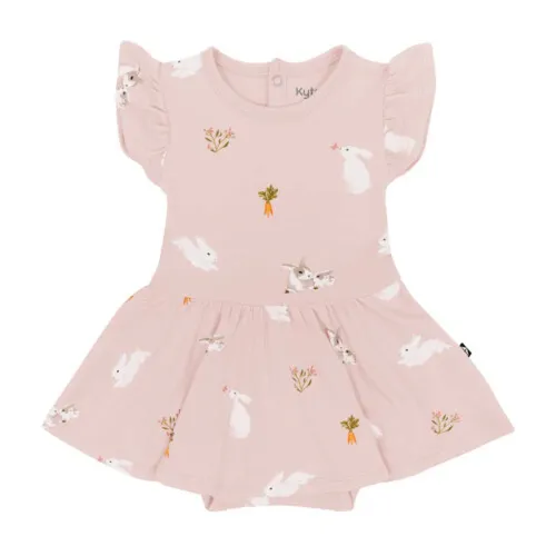 Kyte Baby Twirl Bodysuit Dress in Blush Rabbit 6-12 Months