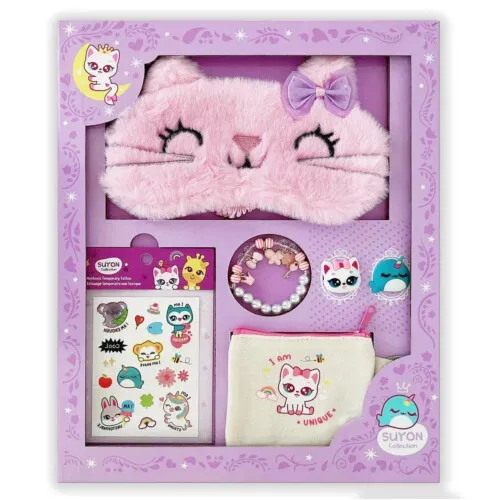 SUYON Sleep Mask Kitty - Purple - Gift Set with Temporary Tattoos, Bracelet, Pouch and Rings
