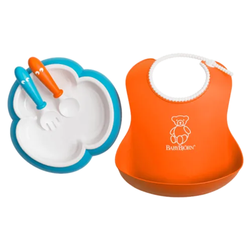 BabyBjorn Feeding Set-Orange Soft Bib,Turquoise Plate, Orange Spoon and Turquoise Fork