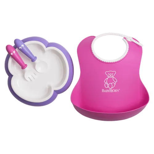 BabyBjorn Feeding Set-Pink Soft Bib,Purple Plate, Purple Spoon and Pink Fork