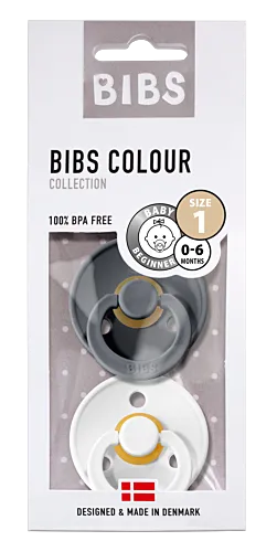 BIBS Pacifier Original COLOUR Latex 2 Pack Size 1 (0-6m) - Iron & White