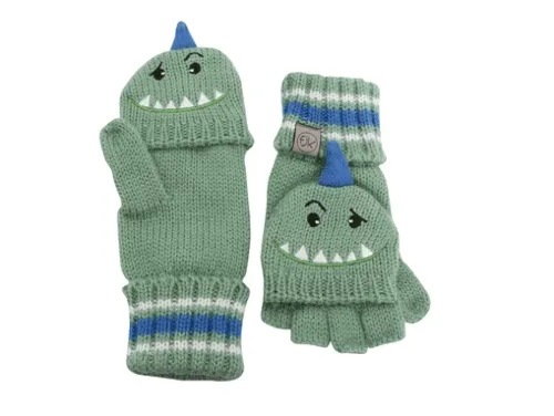 FlapjackKids Knitted Fingerless Gloves with Mitten Flap - Dinosaur Medium (2-4Yrs)